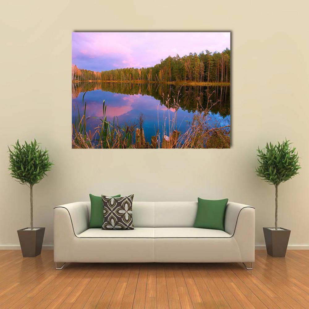 Forest Lake At Amazing Sunrise Canvas Wall Art-1 Piece-Gallery Wrap-48" x 32"-Tiaracle