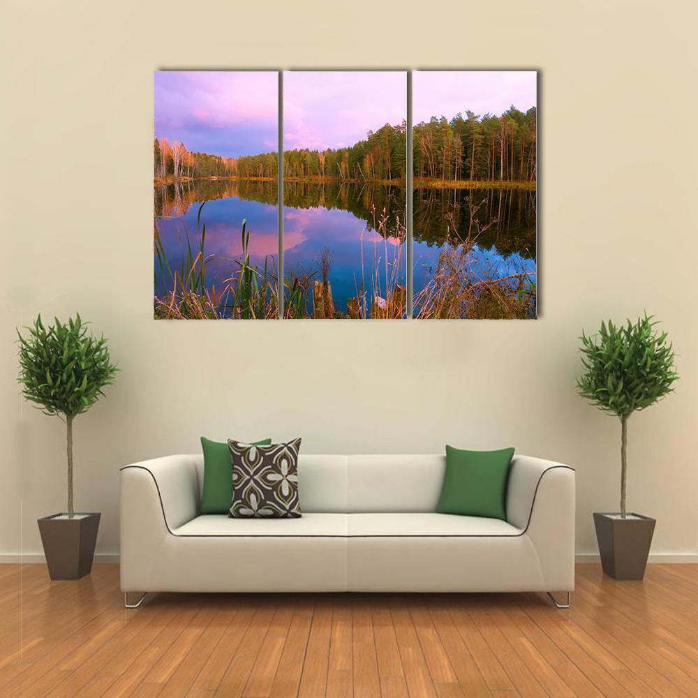 Forest Lake At Amazing Sunrise Canvas Wall Art-4 Pop-Gallery Wrap-50" x 32"-Tiaracle