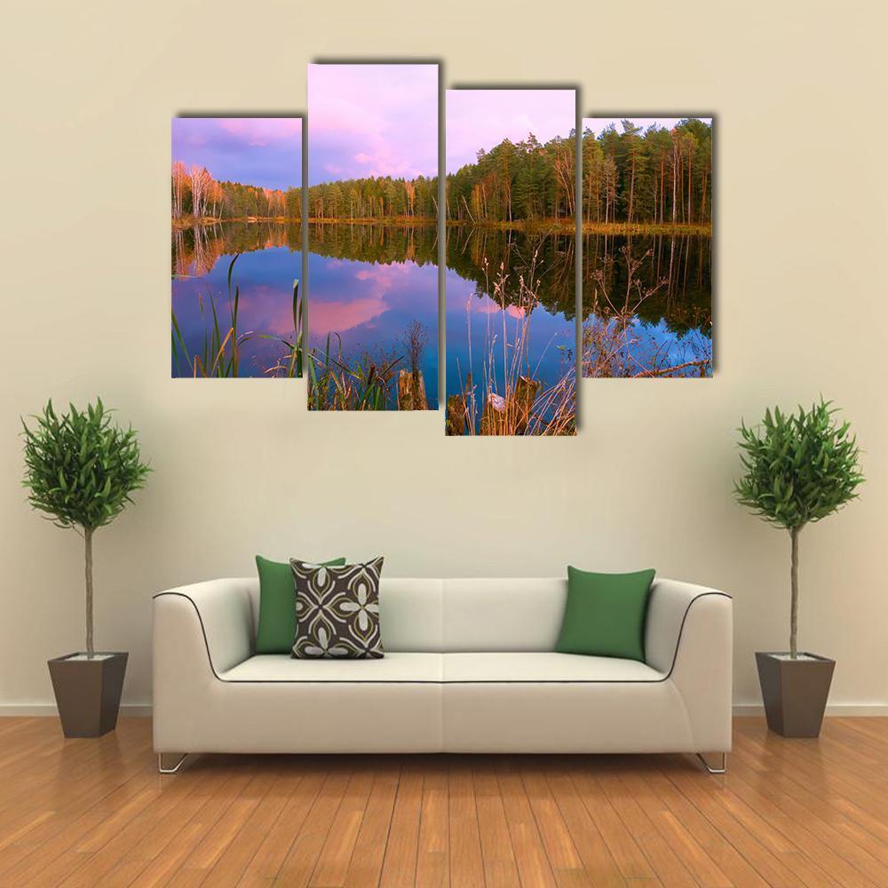 Forest Lake At Amazing Sunrise Canvas Wall Art-4 Pop-Gallery Wrap-50" x 32"-Tiaracle