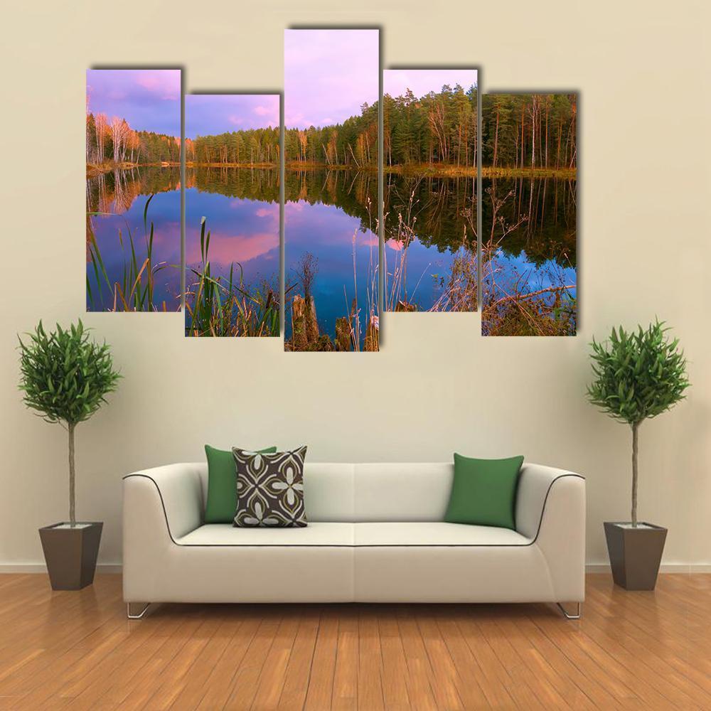 Forest Lake At Amazing Sunrise Canvas Wall Art-5 Pop-Gallery Wrap-47" x 32"-Tiaracle