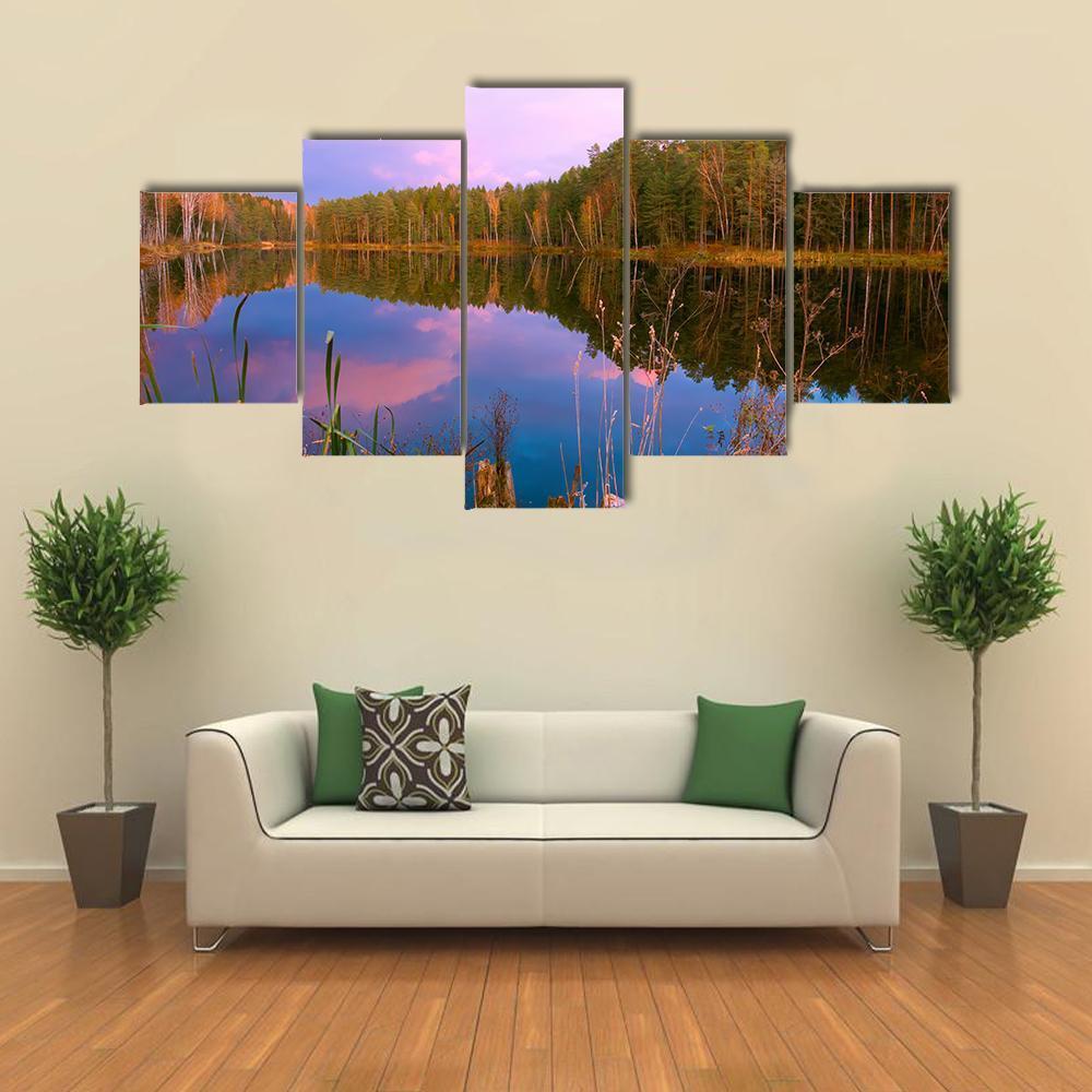 Forest Lake At Amazing Sunrise Canvas Wall Art-5 Star-Gallery Wrap-62" x 32"-Tiaracle