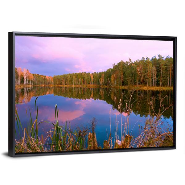 Forest Lake At Amazing Sunrise Canvas Wall Art-3 Horizontal-Gallery Wrap-25" x 16"-Tiaracle