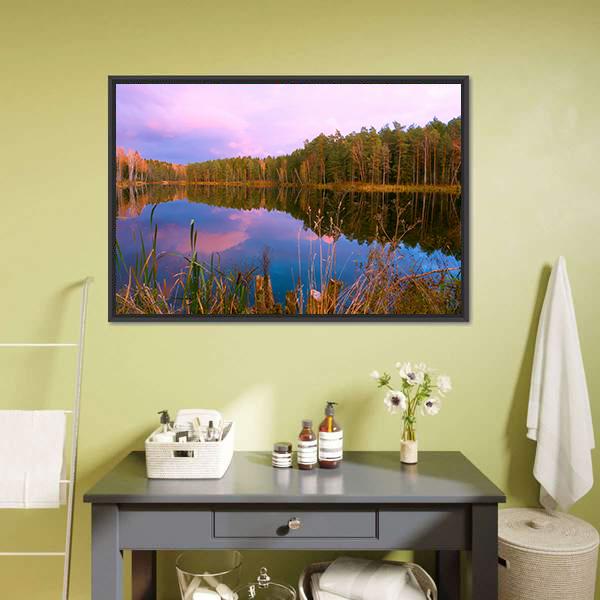 Forest Lake At Amazing Sunrise Canvas Wall Art-1 Piece-Floating Frame-24" x 16"-Tiaracle