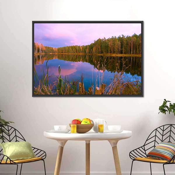 Forest Lake At Amazing Sunrise Canvas Wall Art-3 Horizontal-Gallery Wrap-25" x 16"-Tiaracle