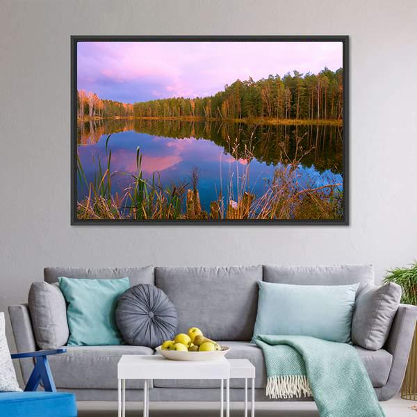 Forest Lake At Amazing Sunrise Canvas Wall Art-3 Horizontal-Gallery Wrap-25" x 16"-Tiaracle