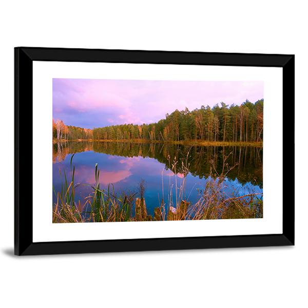 Forest Lake At Amazing Sunrise Canvas Wall Art-3 Horizontal-Gallery Wrap-25" x 16"-Tiaracle
