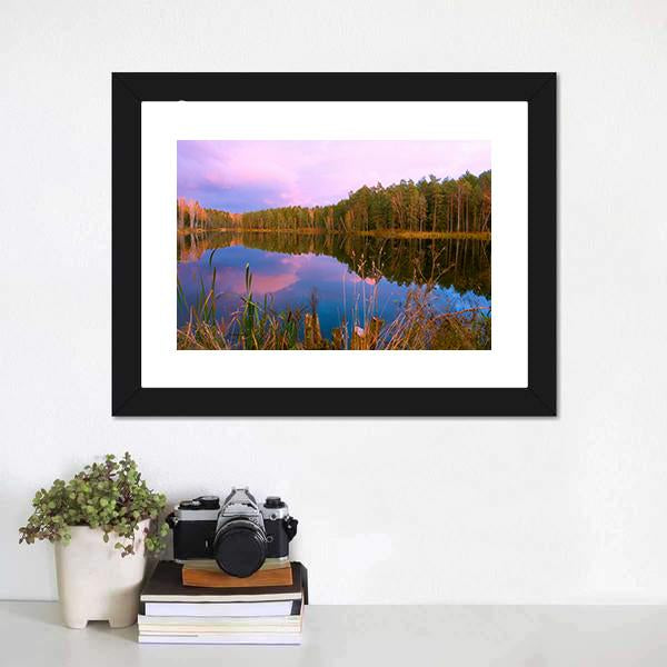 Forest Lake At Amazing Sunrise Canvas Wall Art-1 Piece-Framed Print-20" x 16"-Tiaracle