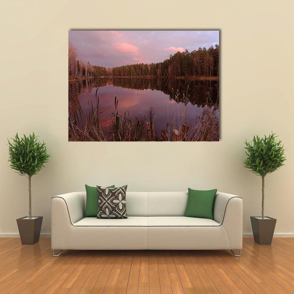 Forest Lake at Sunset Canvas Wall Art in brown, purple and pink, single panel hung on a wall