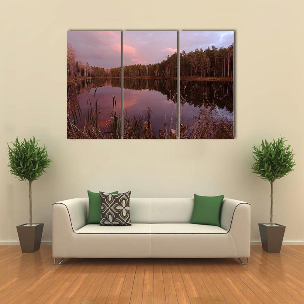 Forest Lake At Amazing Sunset Canvas Wall Art-3 Horizontal-Gallery Wrap-37" x 24"-Tiaracle