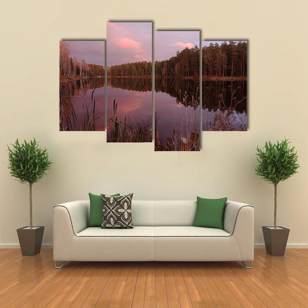 Forest Lake At Amazing Sunset Canvas Wall Art-4 Pop-Gallery Wrap-50" x 32"-Tiaracle