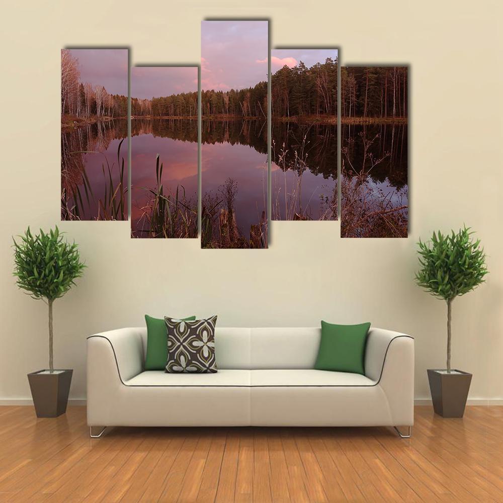 Forest Lake At Amazing Sunset Canvas Wall Art-5 Pop-Gallery Wrap-47" x 32"-Tiaracle