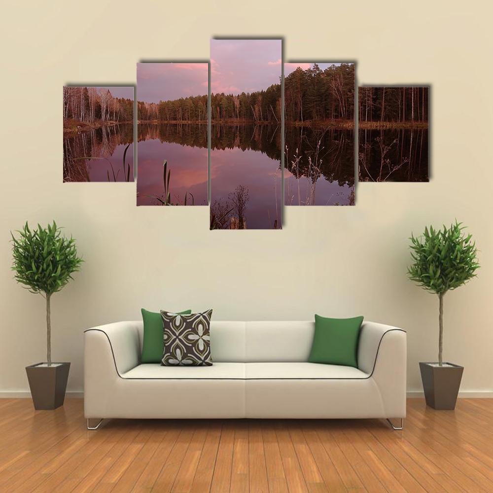 Forest Lake At Amazing Sunset Canvas Wall Art-5 Star-Gallery Wrap-62" x 32"-Tiaracle