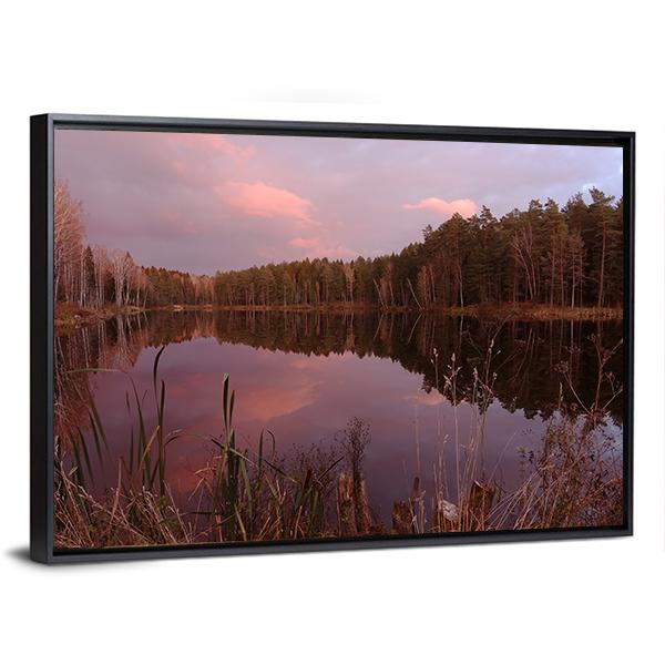 Forest Lake At Amazing Sunset Canvas Wall Art-3 Horizontal-Gallery Wrap-25" x 16"-Tiaracle