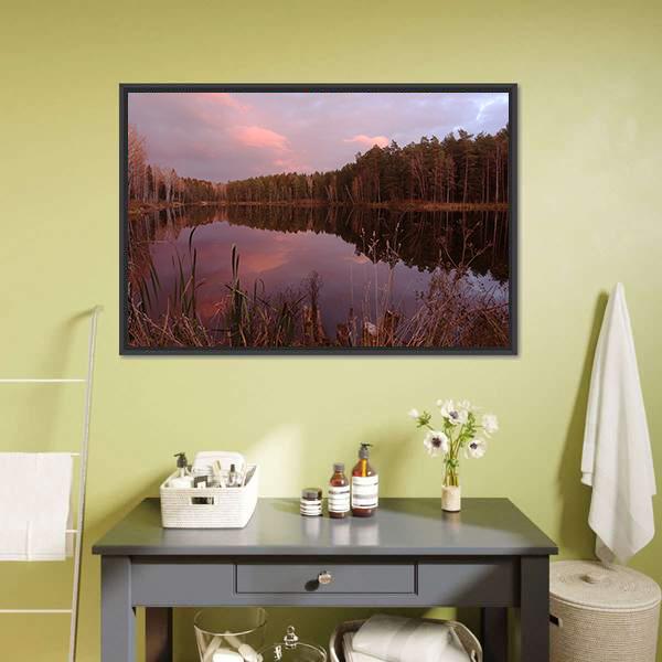 Forest Lake At Amazing Sunset Canvas Wall Art-1 Piece-Floating Frame-24" x 16"-Tiaracle