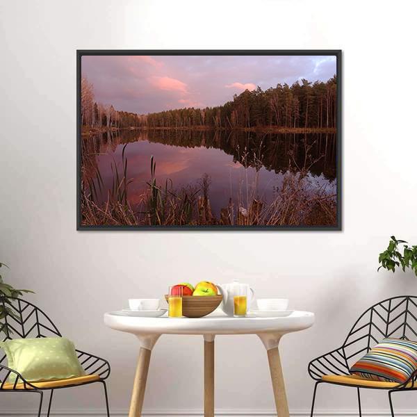 Forest Lake At Amazing Sunset Canvas Wall Art-3 Horizontal-Gallery Wrap-25" x 16"-Tiaracle