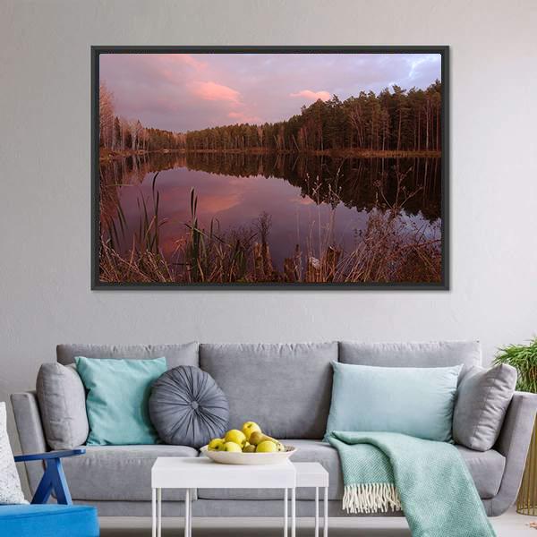 Forest Lake At Amazing Sunset Canvas Wall Art-3 Horizontal-Gallery Wrap-25" x 16"-Tiaracle