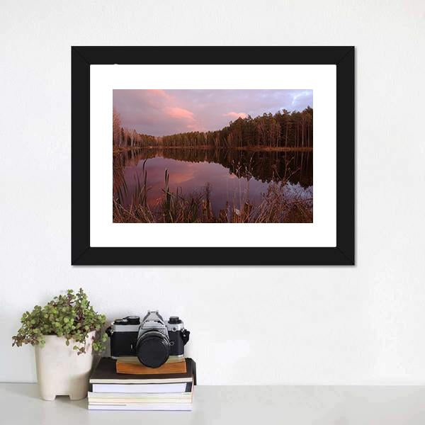 Forest Lake At Amazing Sunset Canvas Wall Art-1 Piece-Framed Print-20" x 16"-Tiaracle