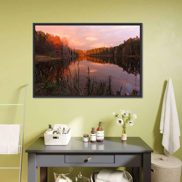 Forest Lake At Sunrise Canvas Wall Art-1 Piece-Floating Frame-24" x 16"-Tiaracle