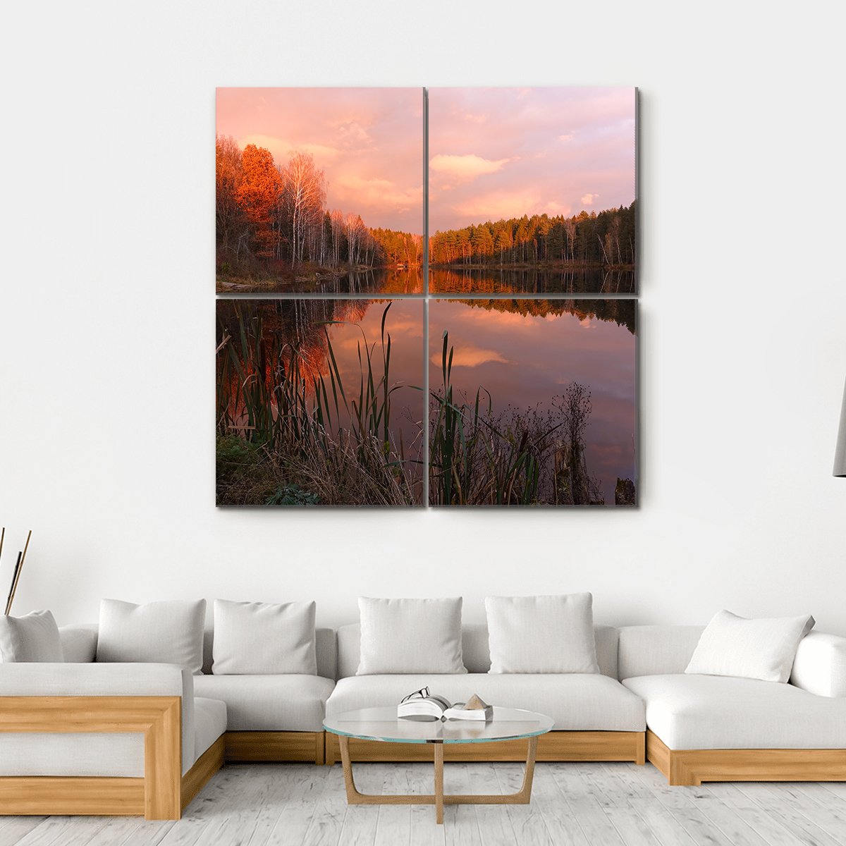 Forest Lake At Sunrise Canvas Wall Art-4 Square-Gallery Wrap-17" x 17"-Tiaracle