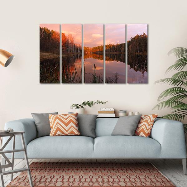 Forest Lake At Sunrise Canvas Wall Art-5 Horizontal-Gallery Wrap-22" x 12"-Tiaracle