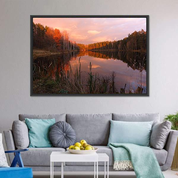 Forest Lake At Sunrise Canvas Wall Art-5 Horizontal-Gallery Wrap-22" x 12"-Tiaracle