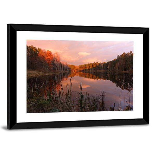 Forest Lake At Sunrise Canvas Wall Art-5 Horizontal-Gallery Wrap-22" x 12"-Tiaracle