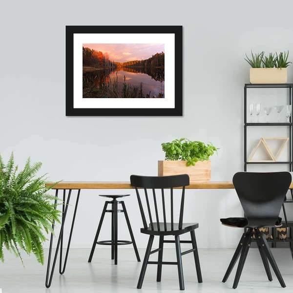 Forest Lake At Sunrise Canvas Wall Art-5 Horizontal-Gallery Wrap-22" x 12"-Tiaracle