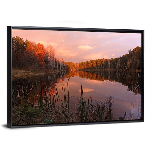 Forest Lake At Sunrise Canvas Wall Art-5 Horizontal-Gallery Wrap-22" x 12"-Tiaracle