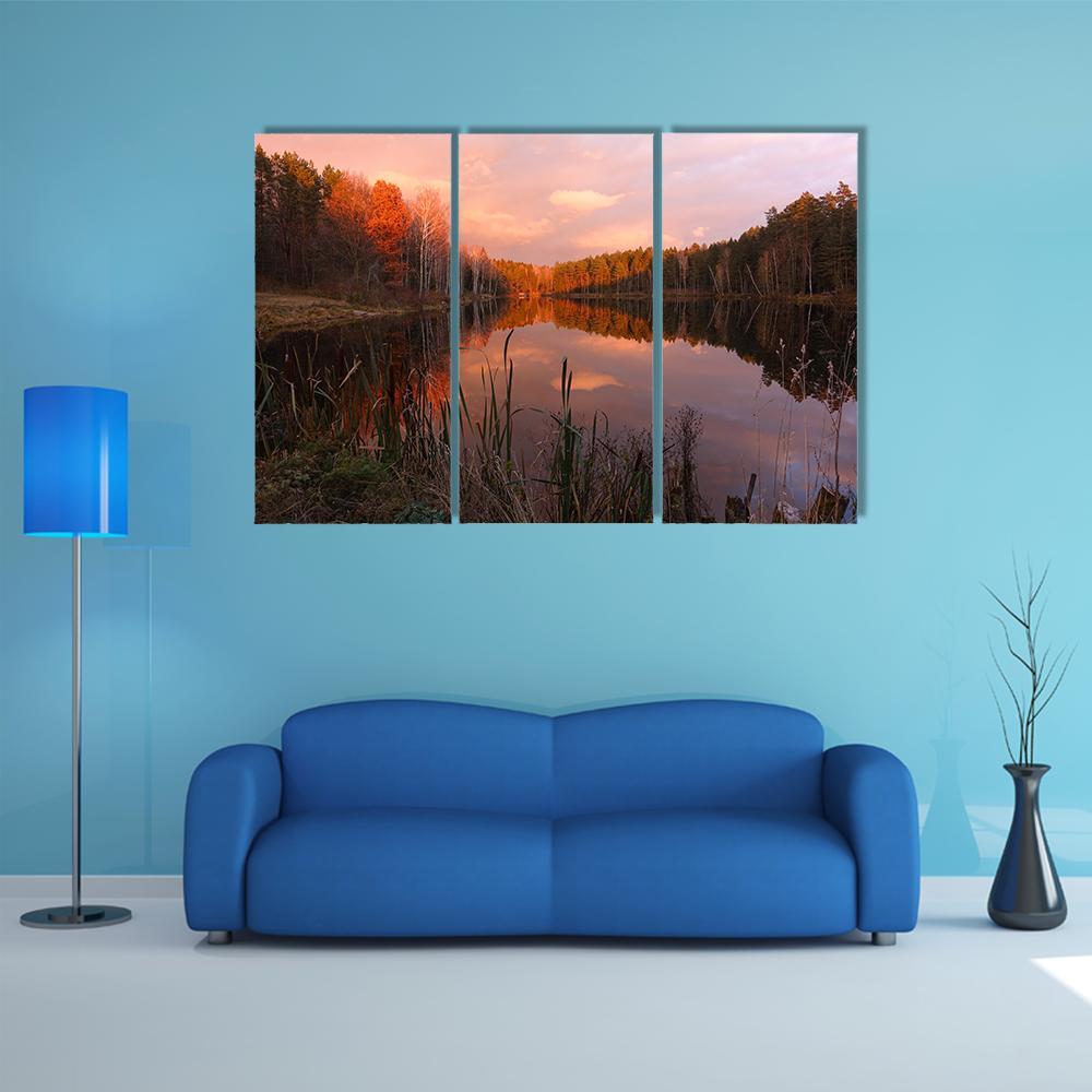 Forest Lake At Sunrise Canvas Wall Art-3 Horizontal-Gallery Wrap-37" x 24"-Tiaracle