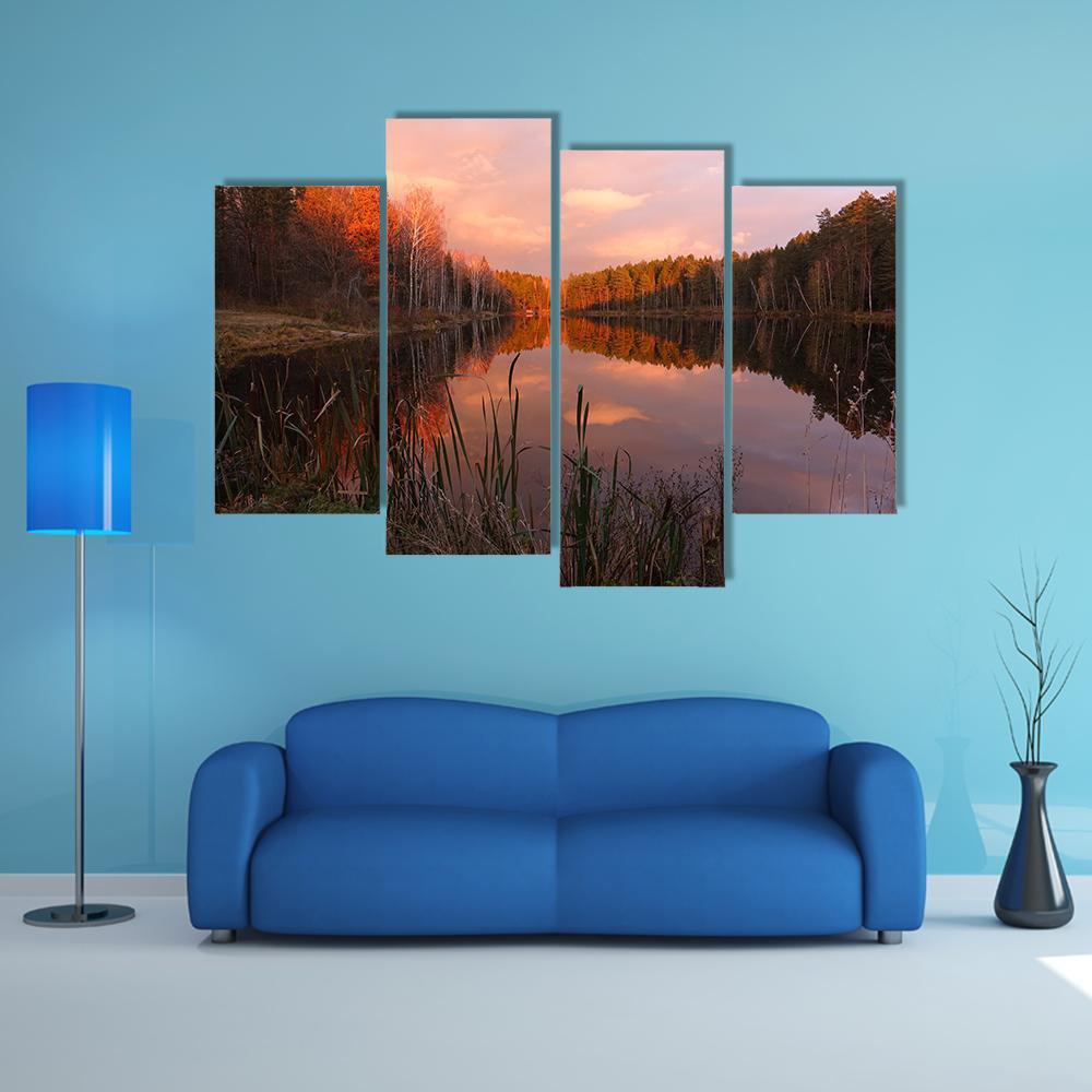Forest Lake At Sunrise Canvas Wall Art-4 Pop-Gallery Wrap-50" x 32"-Tiaracle
