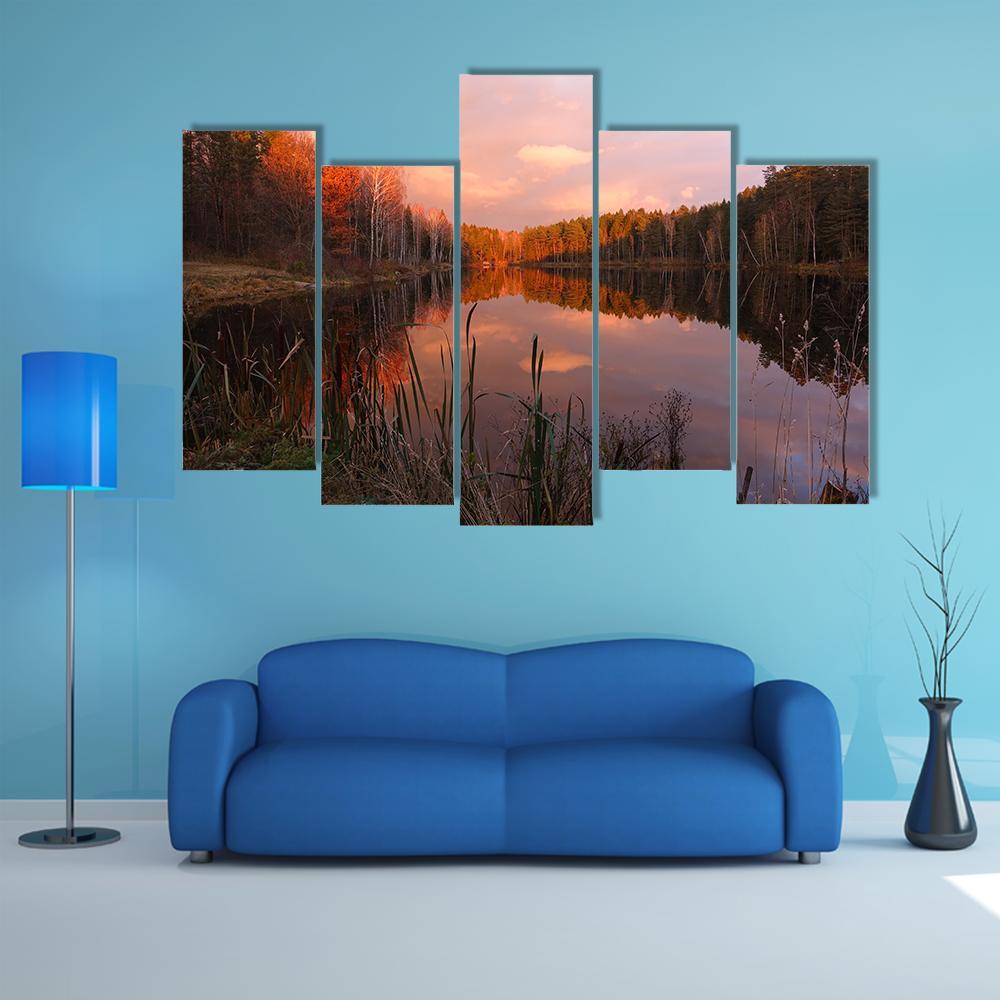 Forest Lake At Sunrise Canvas Wall Art-5 Pop-Gallery Wrap-47" x 32"-Tiaracle