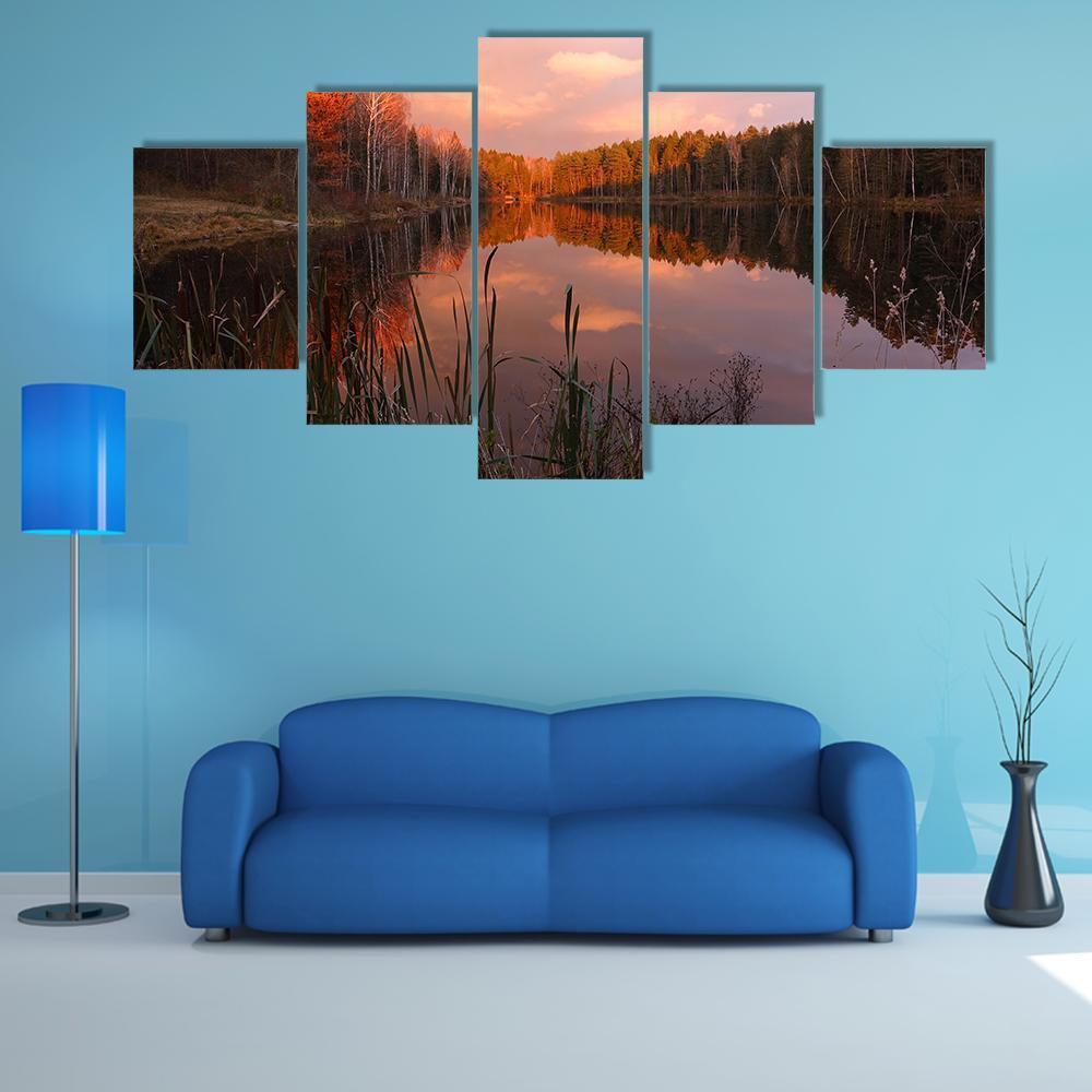 Forest Lake At Sunrise Canvas Wall Art-5 Star-Gallery Wrap-62" x 32"-Tiaracle