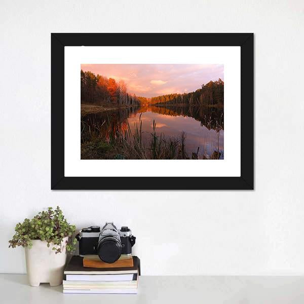 Forest Lake At Sunrise Canvas Wall Art-1 Piece-Framed Print-20" x 16"-Tiaracle