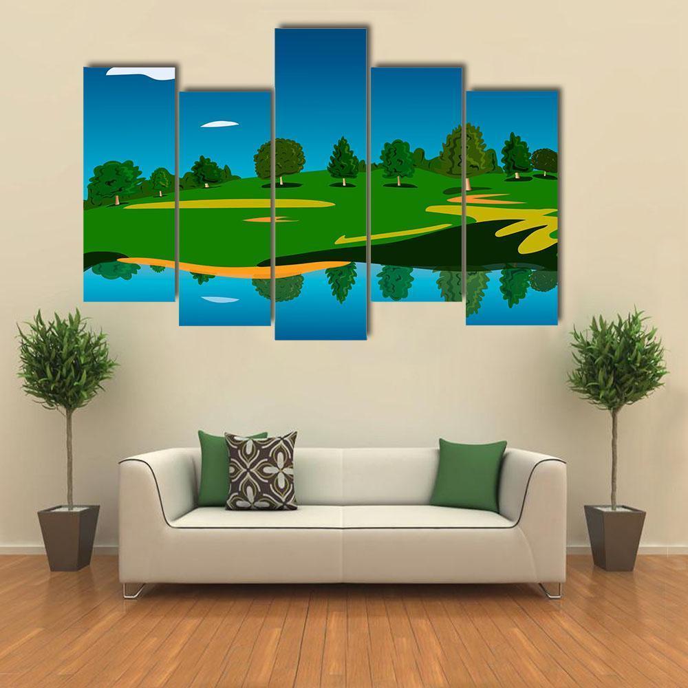 Forest Landscape Near Lake Canvas Wall Art-5 Pop-Gallery Wrap-47" x 32"-Tiaracle