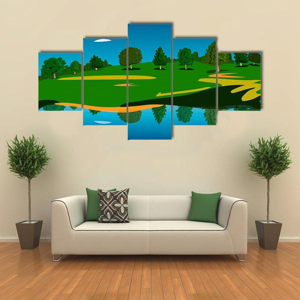 Forest Landscape Near Lake Canvas Wall Art-5 Star-Gallery Wrap-62" x 32"-Tiaracle