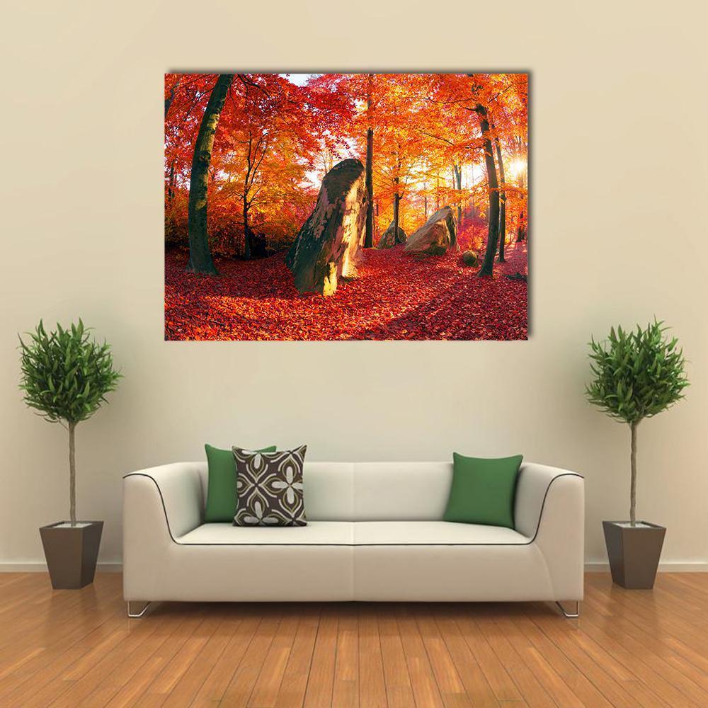Forest of the Carpathians Canvas Wall Art in red, orange and yellow, single panel hung on a wall