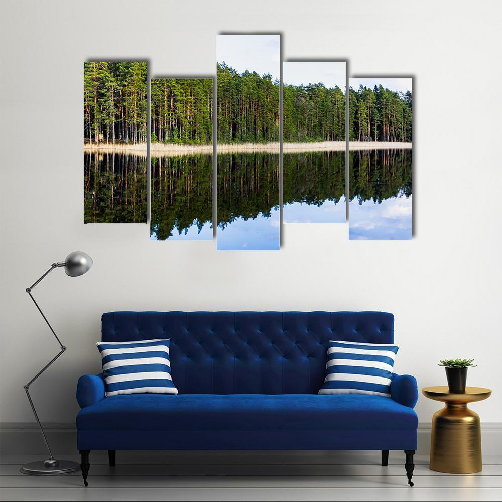 Forest Reflection In Lake Canvas Wall Art-5 Pop-Gallery Wrap-47" x 32"-Tiaracle