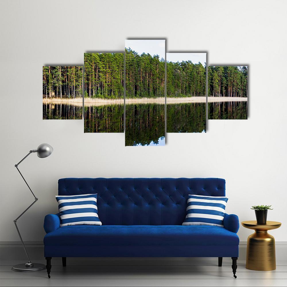 Forest Reflection In Lake Canvas Wall Art-5 Star-Gallery Wrap-62" x 32"-Tiaracle