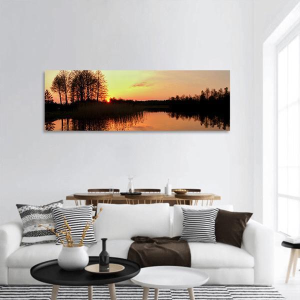 Forest Reflection Over Lake At Sunset Panoramic Canvas Wall Art-3 Piece-25" x 08"-Tiaracle