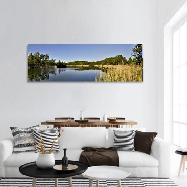 Forest Reflection Over Lake Panoramic Canvas Wall Art-3 Piece-25" x 08"-Tiaracle