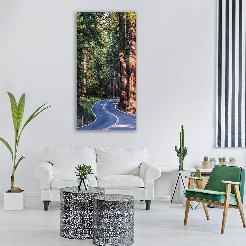 Winding Road Through Redwoods Vertical Canvas Wall Art in gray, brown and green, single vertical panel hung on a wall