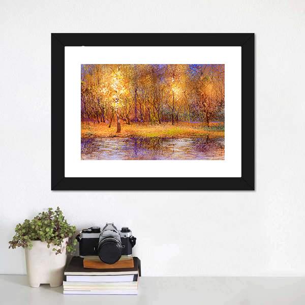 Forest Trees With Lake In Autumn Canvas Wall Art-1 Piece-Framed Print-20" x 16"-Tiaracle