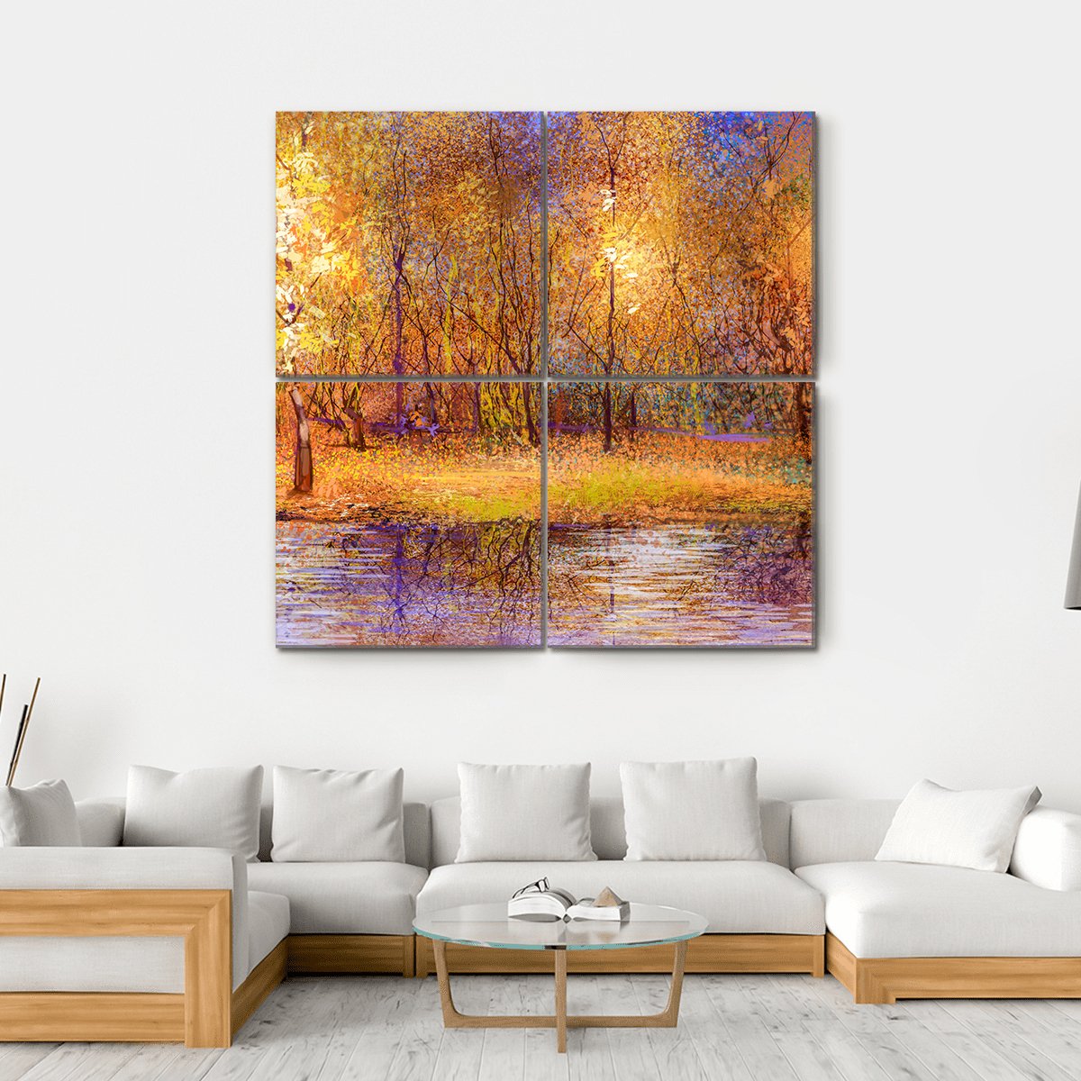 Forest Trees With Lake In Autumn Canvas Wall Art-4 Square-Gallery Wrap-17" x 17"-Tiaracle