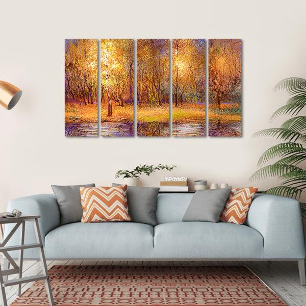Forest Trees With Lake In Autumn Canvas Wall Art-5 Horizontal-Gallery Wrap-22" x 12"-Tiaracle