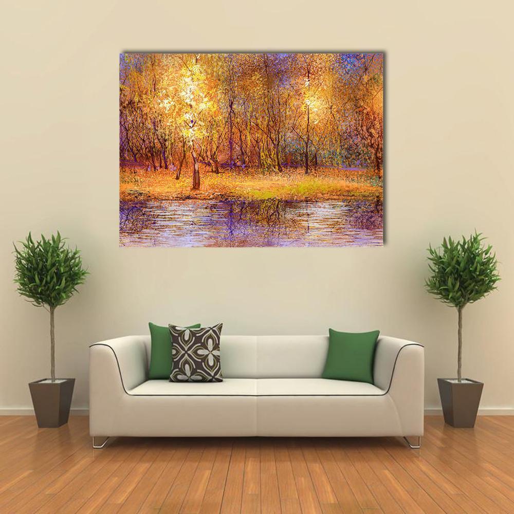 Golden Autumn Forest by Lake Canvas Wall Art in gold, yellow and purple, single panel hung on a wall