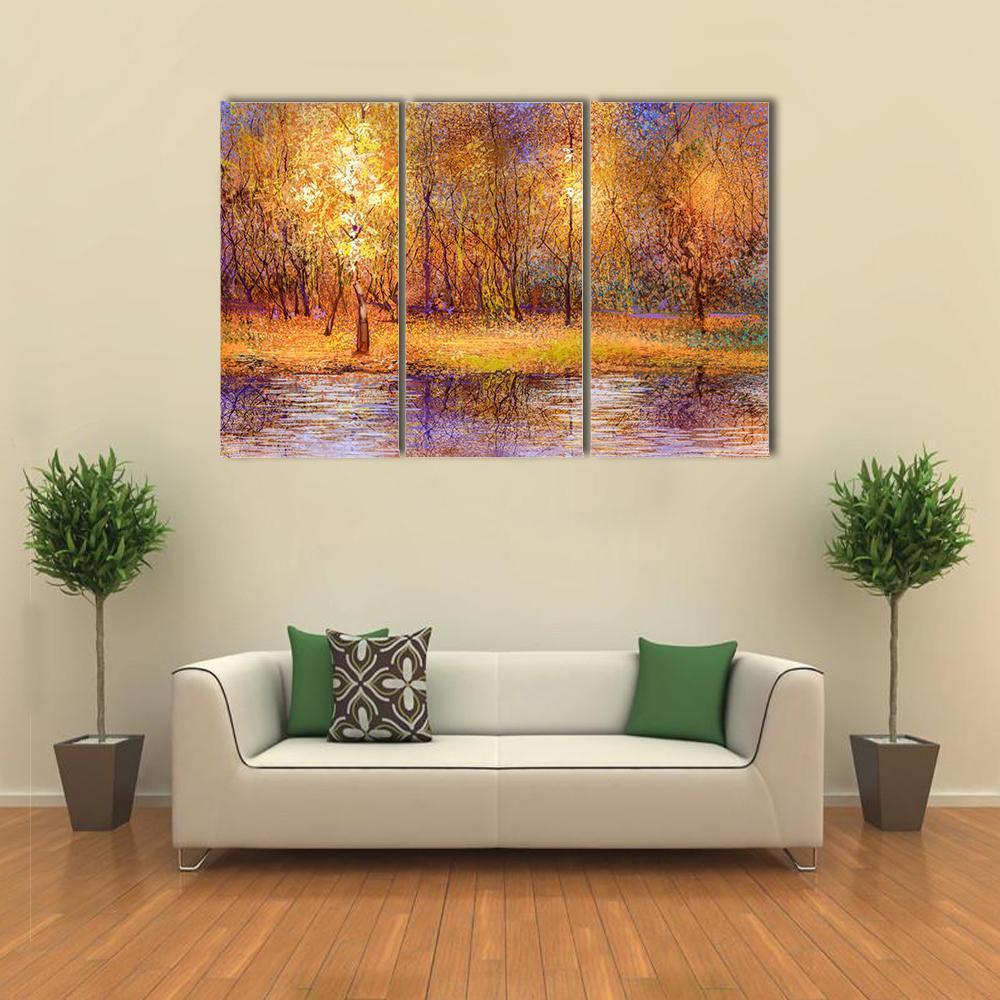 Forest Trees With Lake In Autumn Canvas Wall Art-3 Horizontal-Gallery Wrap-37" x 24"-Tiaracle