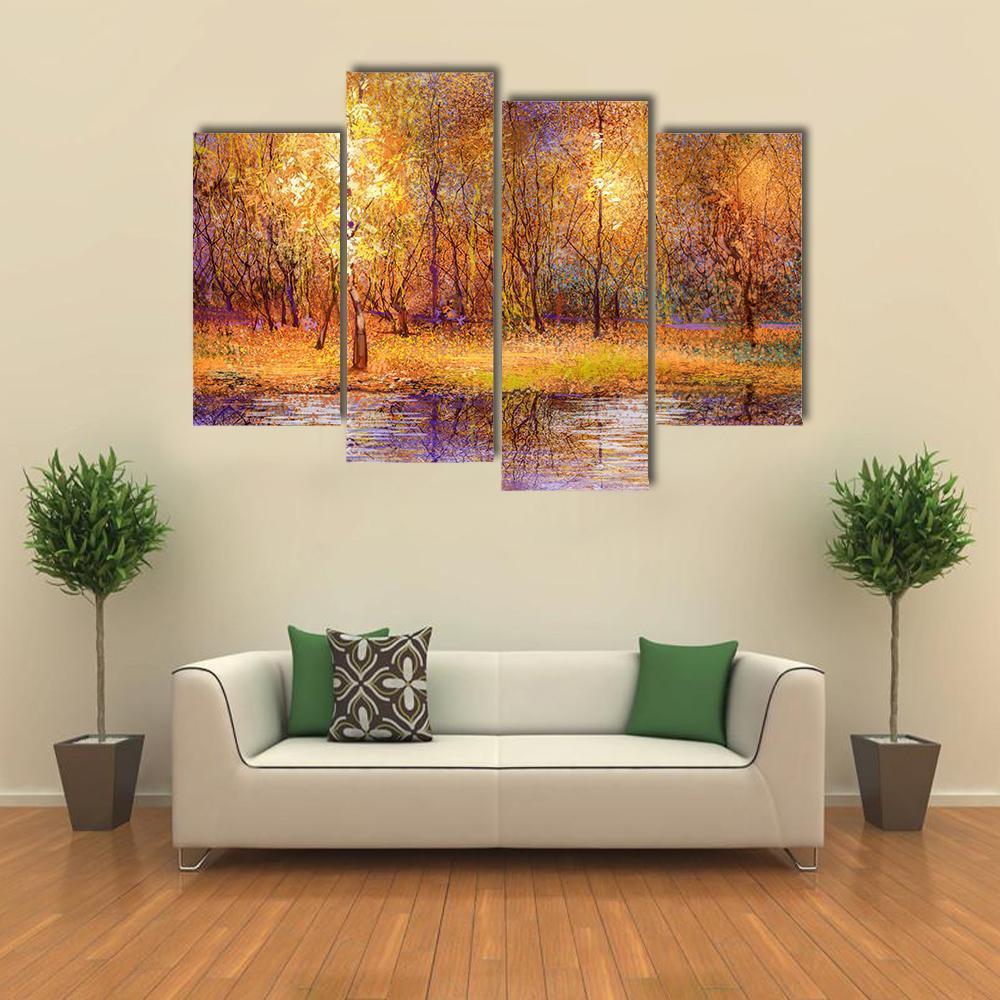 Forest Trees With Lake In Autumn Canvas Wall Art-4 Pop-Gallery Wrap-50" x 32"-Tiaracle