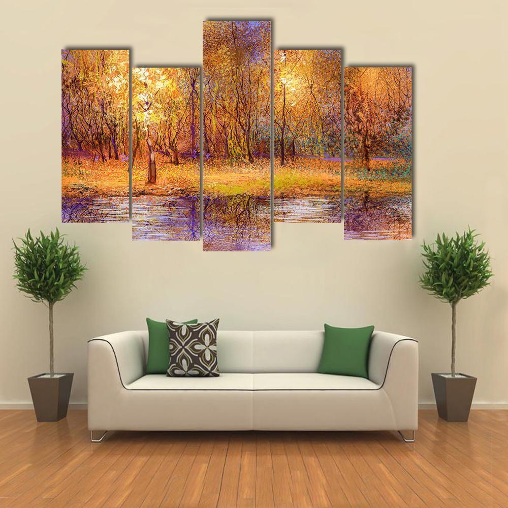 Forest Trees With Lake In Autumn Canvas Wall Art-5 Pop-Gallery Wrap-47" x 32"-Tiaracle