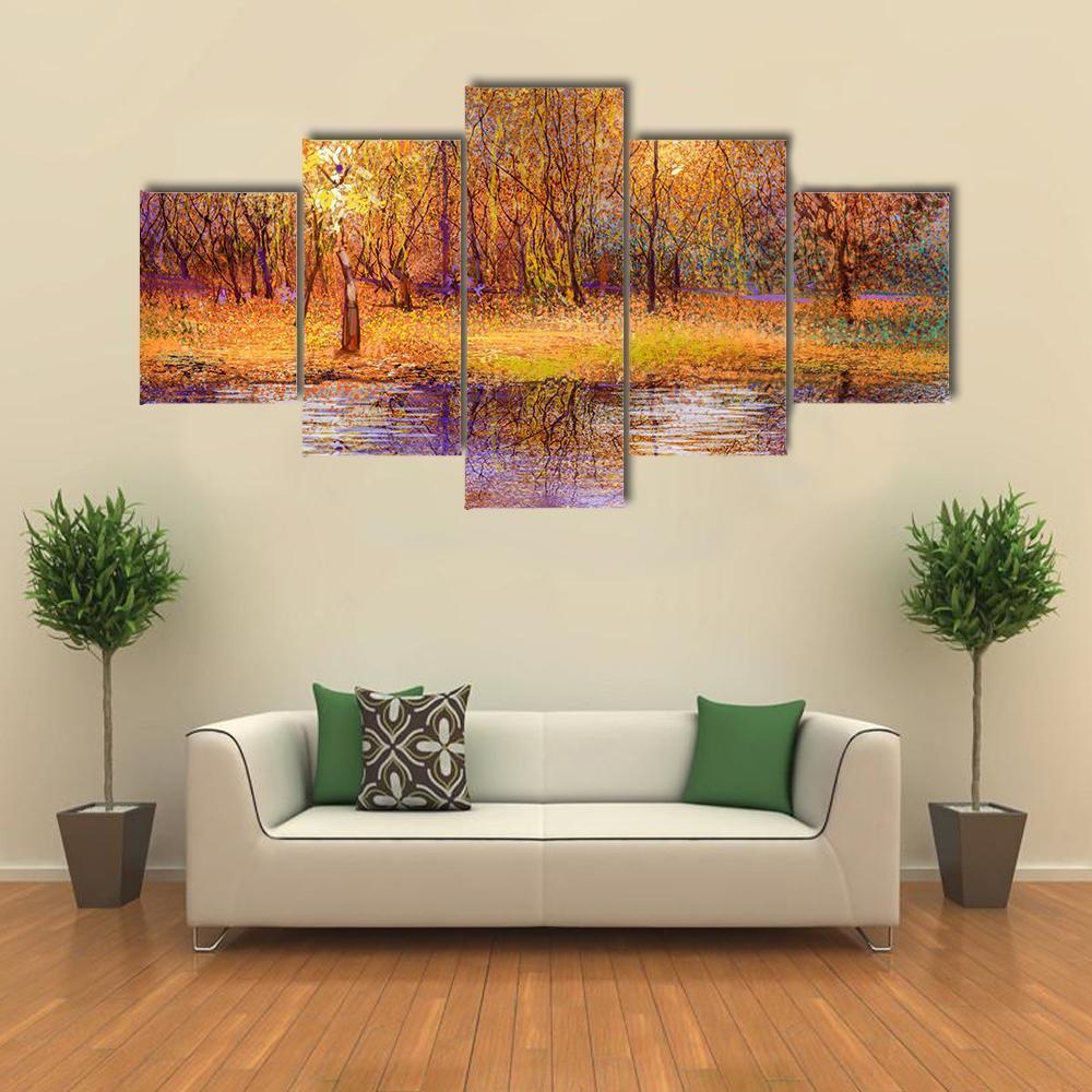 Forest Trees With Lake In Autumn Canvas Wall Art-5 Star-Gallery Wrap-62" x 32"-Tiaracle
