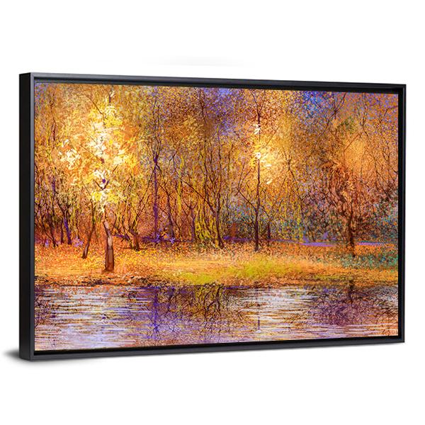 Forest Trees With Lake In Autumn Canvas Wall Art-3 Horizontal-Gallery Wrap-25" x 16"-Tiaracle